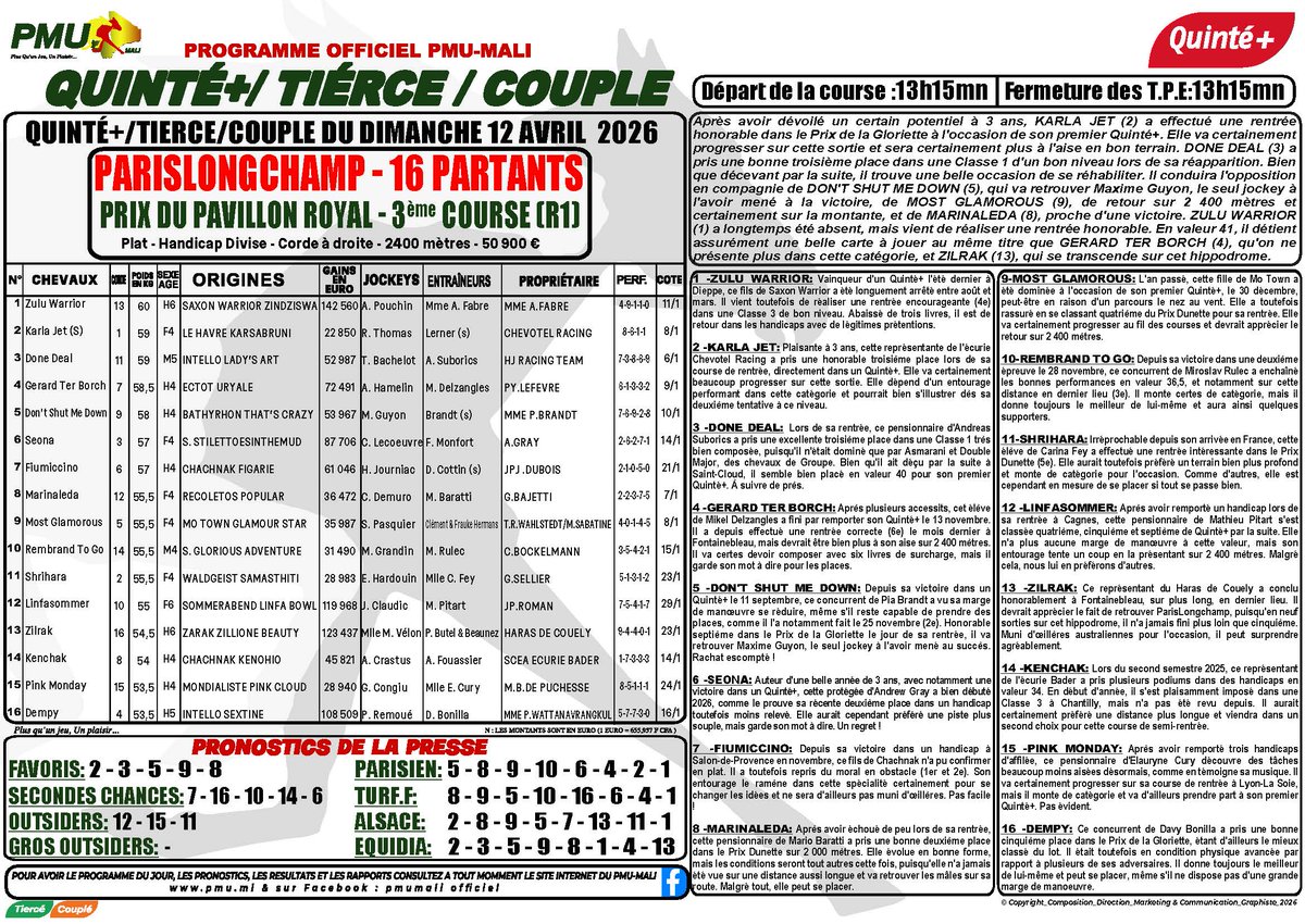 pmumali223's tweet image. 𝐏𝐫𝐨𝐠𝐫𝐚𝐦𝐦𝐞 𝐞𝐭 𝐒𝐲𝐧𝐭𝐡𝐞̀𝐬𝐞 𝐐𝐔𝐈𝐍𝐓𝐄 𝐃𝐔 DIMANCHE 12 AVRIL  2026
📄 𝑹𝒆́𝒖𝒏𝒊𝒐𝒏 1- 𝑪𝒐𝒖𝒓𝒔𝒆 3
🕐 𝑫𝒆́𝒑𝒂𝒓𝒕 𝒂̀ 13H15
🏆 PRIX DU PAVILLON ROYAL
🐎 PARISLONGCHAMP
#PMUMali #programme #https://whatsapp.com/channel/0029Vavkd0p3bbUycHRXFV47 #pmuml