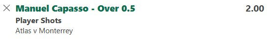 Manuel Capasso 0.5 shots 🔥🔥

Capasso is the main target on set pieces for Atlas. Monterrey concedes the 4th most corners in the league, consequently allowing shots from opposing Cbs. 
Capasso's recent shots: 1, 2, 1, 0, 1, 1, 4, 0, 1. 
Very nice prices here! Lets cash! 🚀