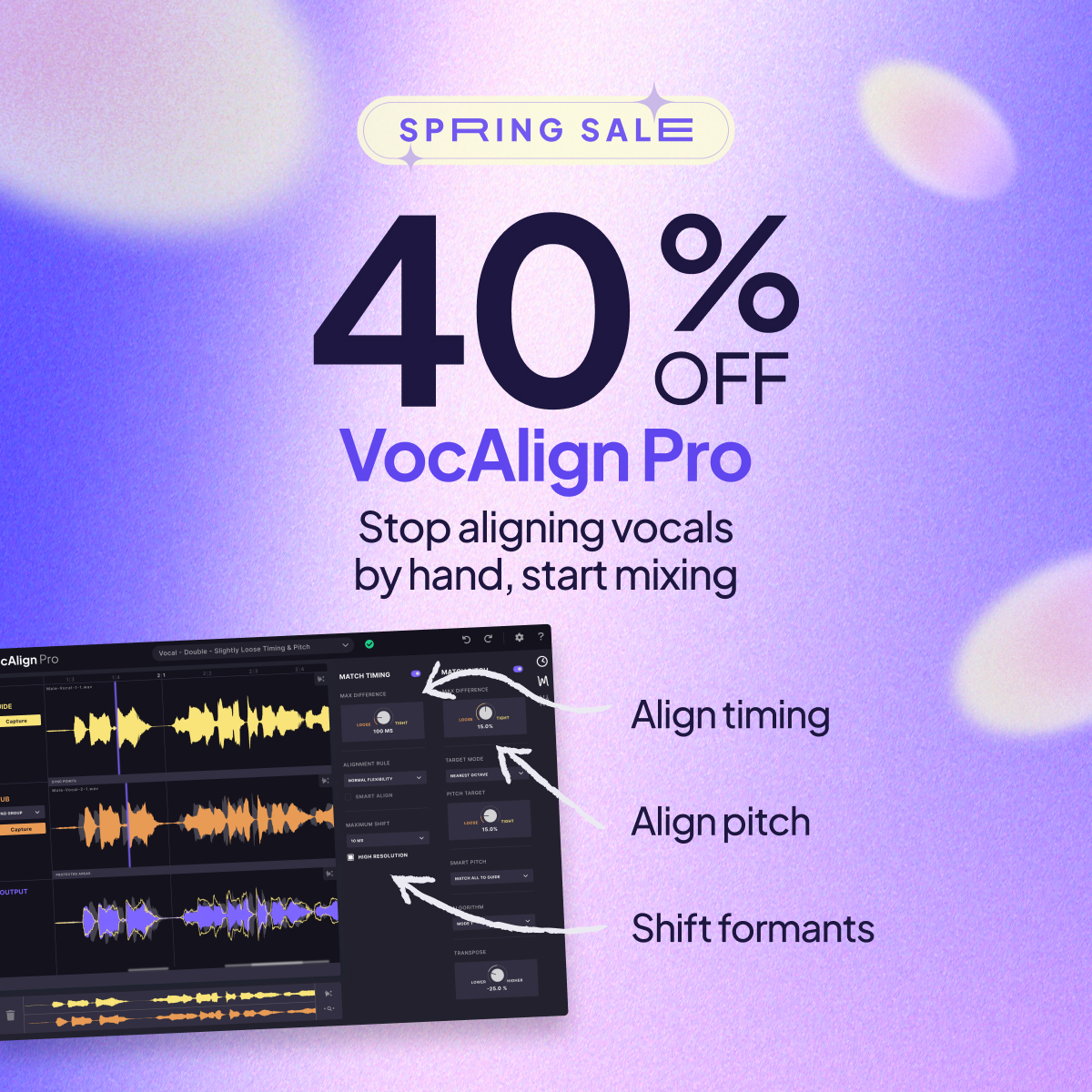 Synchro_Arts's tweet photo. 🚨 Don't wait! 🚨

Our Spring Sale ends soon.

Save big on industry-standard vocal processing tools, including VocAlign Pro, RePitch, plugin bundles, and more.

Click our link in bio now before the sale ends. https://t.co/3EhWVPp2Qq