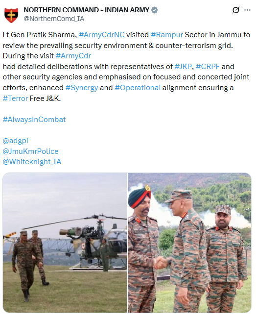 ians_india's tweet photo. Lt Gen Pratik Sharma, #ArmyCdrNC visited Rampur Sector in Jammu to review the prevailing security environment & counter-terrorism grid. During the visit #ArmyCdr had detailed deliberations with representatives of JKP, CRPF and other security agencies and emphasised on focused and concerted joint efforts, enhanced Synergy and Operational alignment ensuring a Terror Free J&K: Northern Command, Indian Army