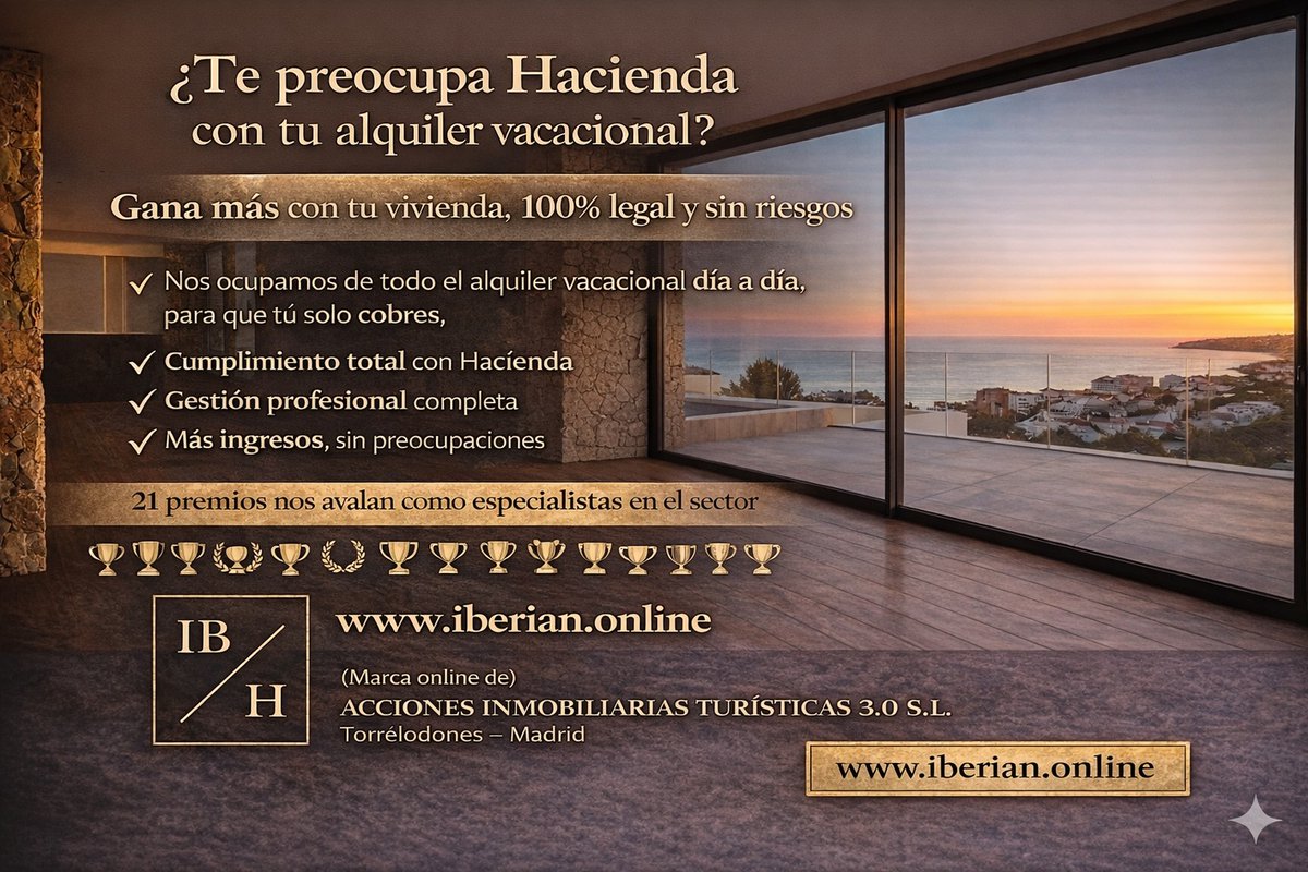 ¿Tiene una vivienda, y le preocupa Hacienda o posibles problemas legales al alquilarla vacacionalmente?
En Iberian gestionamos su vivienda 100% legal, rentable, controlada y sin riesgos.
Le indicamos, cuánto puede ganar realmente.
Más información aquí🌐 iberian.online