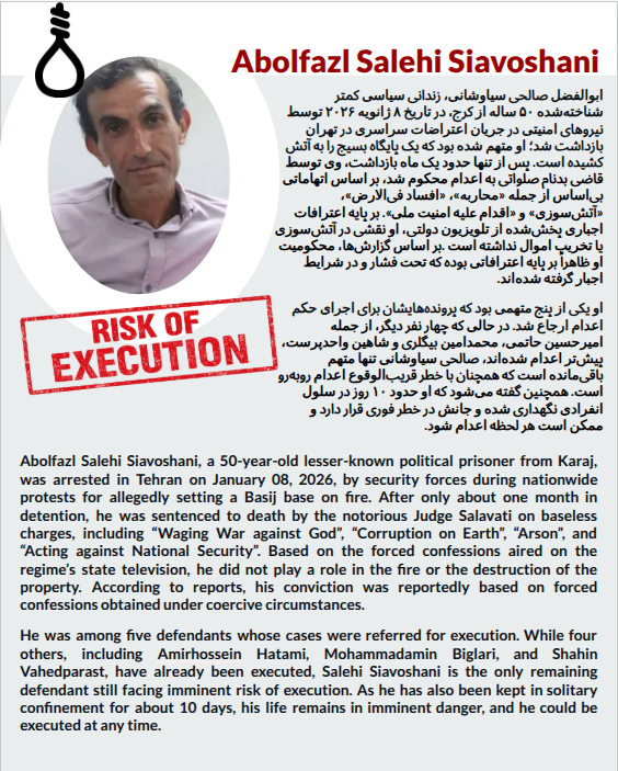 SaveIranLives's tweet photo. Abolfazl Salehi Siavoshani, was arrested in January 2026 and sentenced to death after reports say his conviction relied on forced confessions. Now in solitary confinement, he faces imminent risk of execution. #AbolfazlSalehiSiavoshani #Iran #HumanRights #StopExecutions https://t.co/IiGR6zY7uv