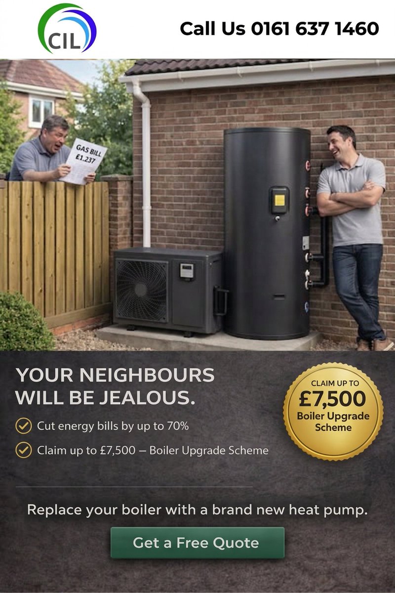 ECO4Scheme's tweet photo. Heating your home shouldn’t cost the earth. With the UK Boiler Upgrade Scheme, you could receive up to £7,500 toward an air source heat pump installed by CIL (Climate Insulation Limited) professionals. We manage everything — from eligibility to installation.

https://t.co/g40w1CEJIl