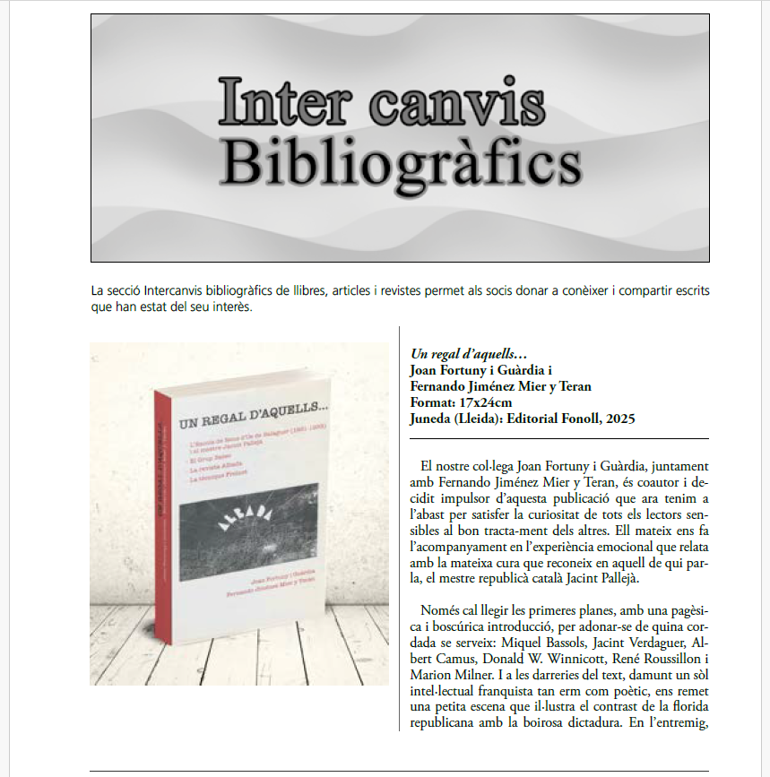 Intercanvis_'s tweet photo. DESGRANEM (III) el número 55.

A la secció d'Intercanvis bibliogràfics hi trobem l'article de Joan Pijuan, on ens parla de l'obra "Un regal d'aquells..." de Joan Fortuny i Guàrdia i Fernando Jiménez Mier y Teran, ... https://t.co/cuOARuKz43