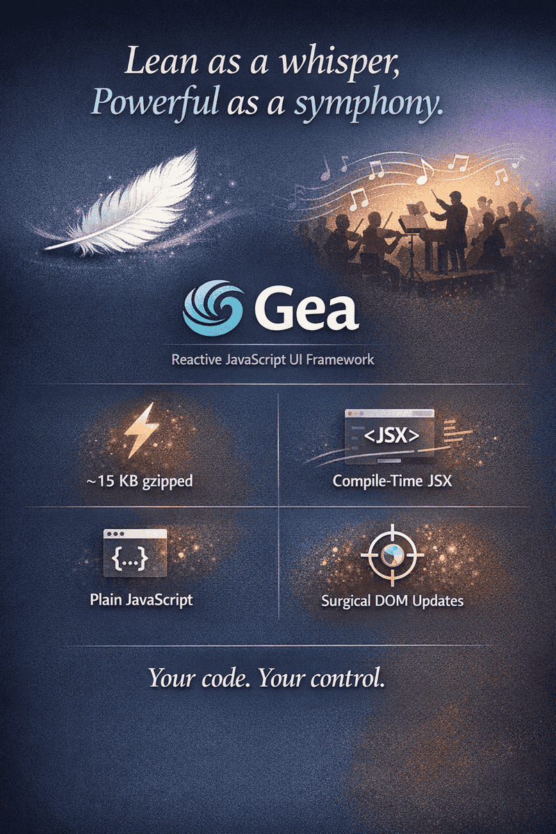 AI_Aravind's tweet photo. 📢 📰 What if your UI framework were as light as a whisper yet as powerful as a symphony? Gea delivers sub‑15KB reactive UI with surgical DOM updates. Ready to simplify? 🗞 🔔

#WebPerformance #JavaScript #AIinDev

Reference: [https://t.co/3W9aACagTv]

 🔄 Share 
 👍 React https://t.co/duxbCBVmLF