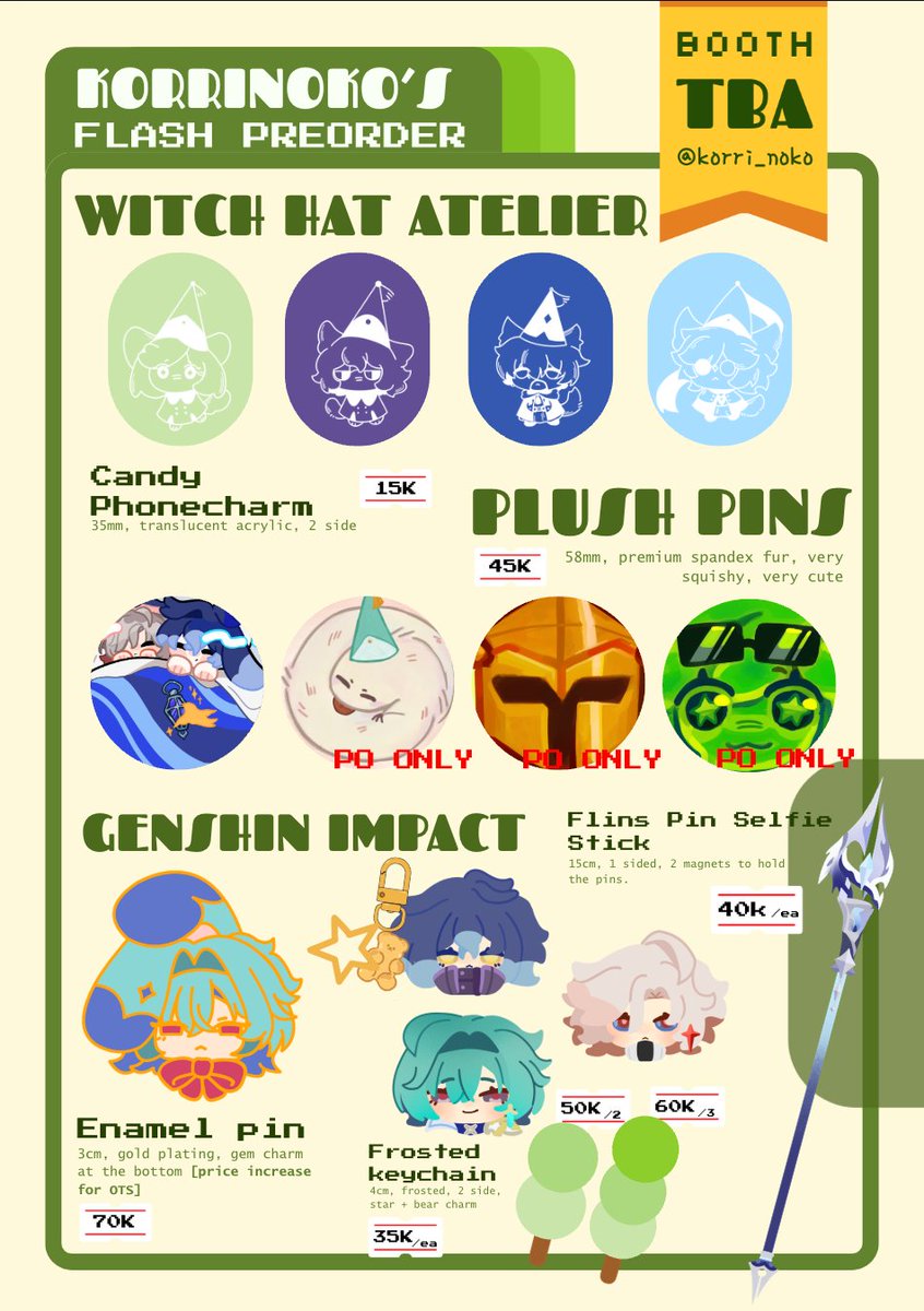 [💛&amp;🔁 very appreciated!]
Hi guys! aku open flash PO OTS #cf22 klo ada yg masi mau hehe ><

🗓️ 11-13 Apr
📌 OTS both days
⭐️ Witch Hat Atelier, Genshin (faelight &amp; lohen), SFAWTDE/DAWTDE

#cf22catalog #comifuro22 #comifuro22catalog