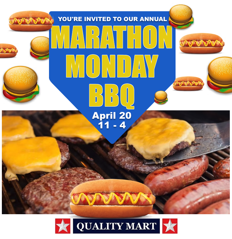 qualitymart1's tweet image. YOU ARE INVITED to our ANNUAL Marathon Monday BBQ! Food, Fun, Games, Giveaways and best of all, US hanging out with the people we love the most. Monday April 20th from 11:00 to 4:00. 🔥🍔🌭#QM #TeamLeo #TeamLala #21MassAve #BBQ