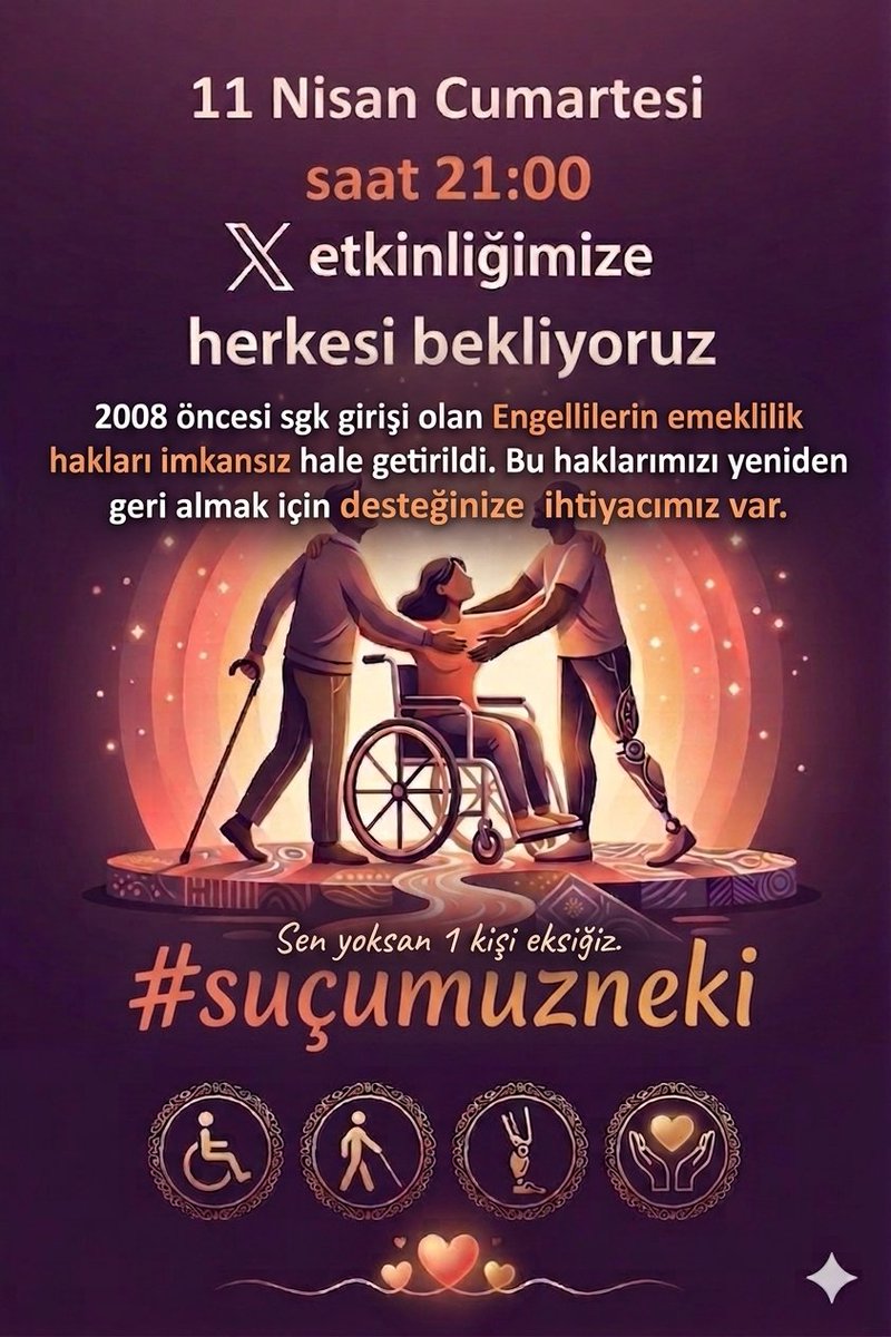 EhatDer's tweet photo. 2008 öncesi SGK Girişi olan Engellilerin emeklilik hakları imkansız hale getirildi. Bu haklarımızı yeniden geri almak i��in desteğinize ihtiyacımız var. Unutma sen yoksan 1 kişi eksiğiz... https://t.co/EvxGixtuqe