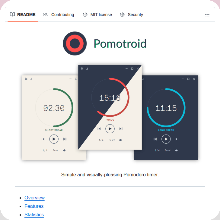 tom_doerr's tweet image. Configurable Pomodoro timer with statistics and themes

github.com/Splode/pomotro…