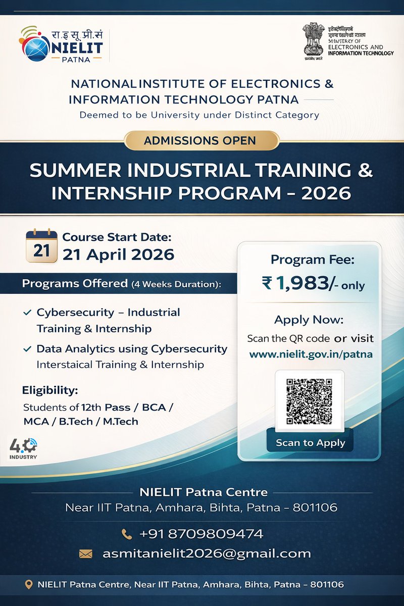 NIELIT Patna offers a 4-Week Industrial Training &amp; Internship Program in Cyber Security, starting from 21.04.2026 to 18.05.2026, designed to equip students with practical skills, hands-on experience, and industry exposure. Boost your career—apply now!
<a href="/NIELITIndia/">NIELIT</a>
<a href="/GoI_MeitY/">Ministry of Electronics & IT</a>