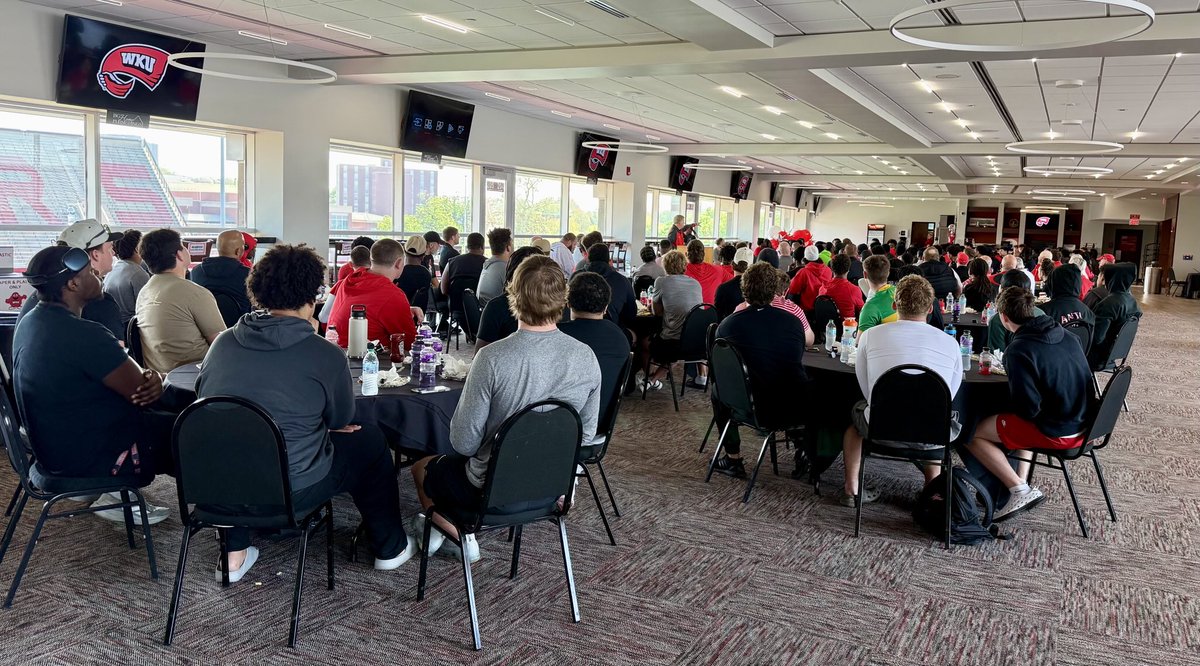 ToddStewartWKU's tweet photo. Enjoyed speaking to ⁦@WKUFootball⁩ alumni and the 2026 team this morning prior to today’s Red and White Spring Showcase! Program is in a very strong position with 8 bowl wins since 2014 (T-3rd most in nation) and the Tim and Sarah Ford Fieldhouse now fully operational! https://t.co/7L3muPRNOV