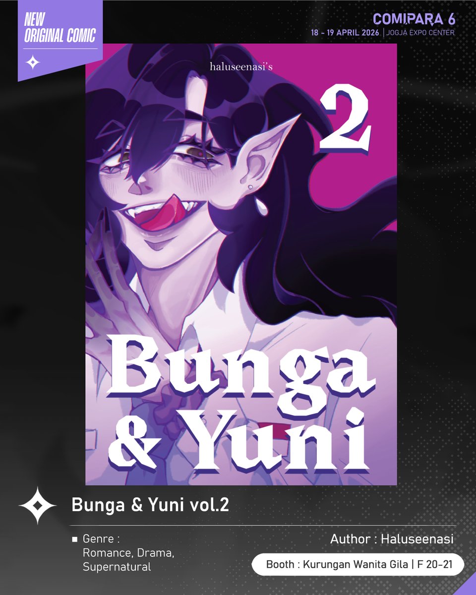 comipara_id's tweet image. [COMIC RAID]
Author: Haluseenasi
Booth: F 20-21  -  Kurungan Wanita Gila

Ini diaaa komik baru karya Kak Haluseenasi, berjudul "Bunga &amp;amp; Yuni vol.2" yang akan dijual di Comipara 6 besok lho!

Sampai ketemu di venue! ✨

Comipara 6
18-19 April 2026
Jogja Expo Center

#comicraid6