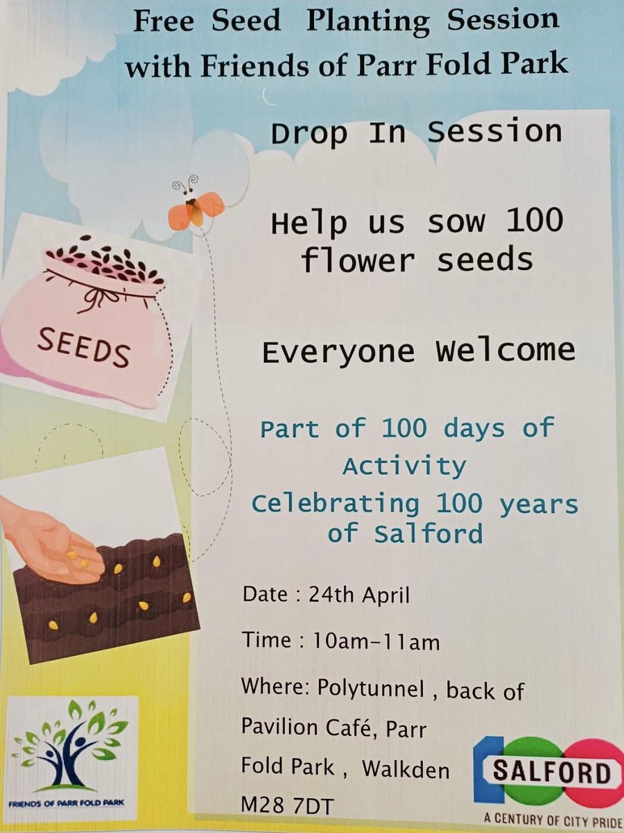 ParrFoldFriends's tweet photo. 🌱Free Seed Planting Session🌱

Salford is celebrating its 100th anniversary as a city. As part of this we are hosting a 'Seed Planting' Session.🙂

📆Date: Saturday 24th April

⏰Time: 10:00 - 11:00

📍Location: Back of The Pavilion Cafe 

#ParrFoldPark #Salford #seedplanting https://t.co/lSJaS0Ppob