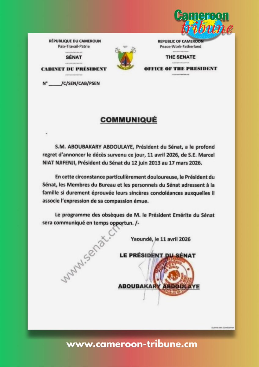 CamerounTribune's tweet image. #Décès de #Marcel_Niat_Njifenji : le communiqué du President du #Senat parvenu à notre rédaction 👇