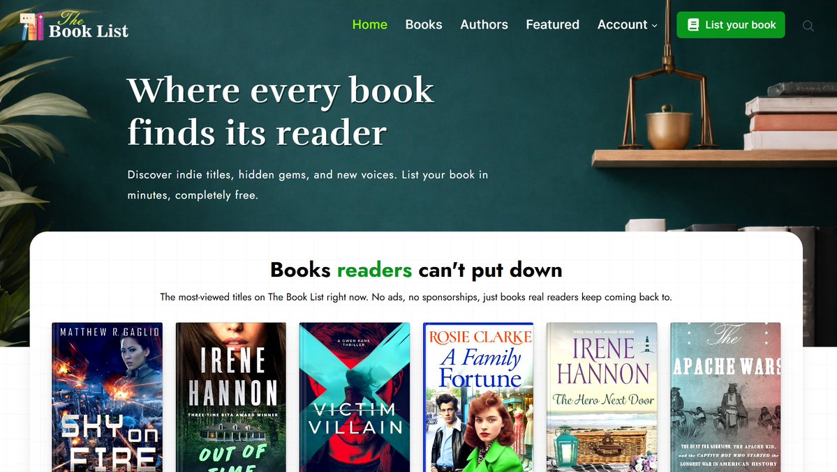 readvana's tweet image. Where every book
finds its reader
Discover indie titles, hidden gems, and new voices. List your book in minutes, completely free. thebooklist.co

#authors #books #Freebook  #freelisting  #kindle #indiebooks #fiction #nonfiction #indie #book #author #BookDeals #ku #ebook