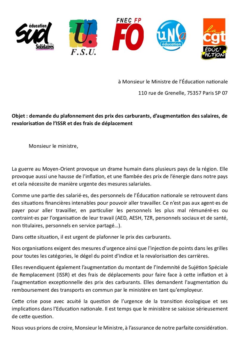 Ce n'est pas aux personnels de payer pour aller travailler ! Plafonnement des prix, revalorisation des salaires, de l'ISSR, des frais de déplacement... : il y a urgence !