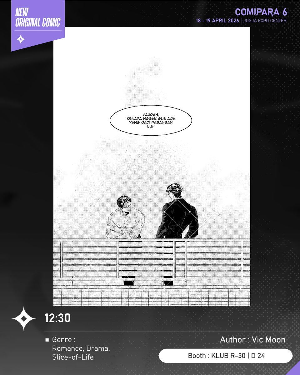 comipara_id's tweet image. [COMIC RAID]
Author: Vic Moon
Booth: D 24  -  KLUB R-30

Ada juga komik baru karya Kak Vic Moon, berjudul "'12:30" yang akan dijual di Comipara 6 besok lho!

Sampai ketemu di venue! ✨

Comipara 6
18-19 April 2026
Jogja Expo Center

"Connect your passion!"

#comicraid6