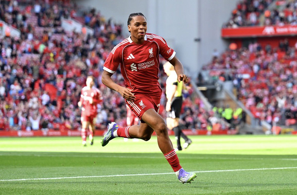 JamesWathland's tweet image. Fact is, the joy this 17-year-old brings when he plays football is exactly what this Anfield crowd needs today.

Rio Ngumoha 🌟 #LFC