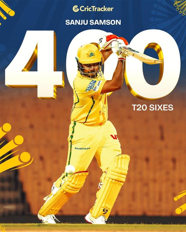 Cricketracker's tweet image. 4️⃣0️⃣0️⃣ T20 sixes for Sanju Samson 💥🔥

Effortless power, pure elegance… just Sanju things 👑
 
#SanjuSamson #IPL2026 #DCvsCSK #Cricket #CricTracker #CSK