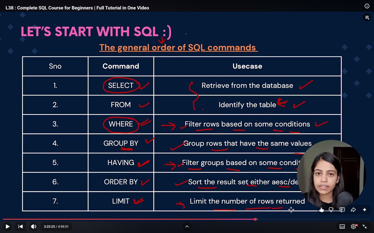 1drie5's tweet image. L38 (27)

the order of sql commands:

how you WRITE it:
1. select
2. from
3. where
4. group by
5. having
6. order by
7. limit

how the database EXECUTES it:
from → where → group by → having → select → order by → limit

know the difference!

#DBMS #SQL #Databases
