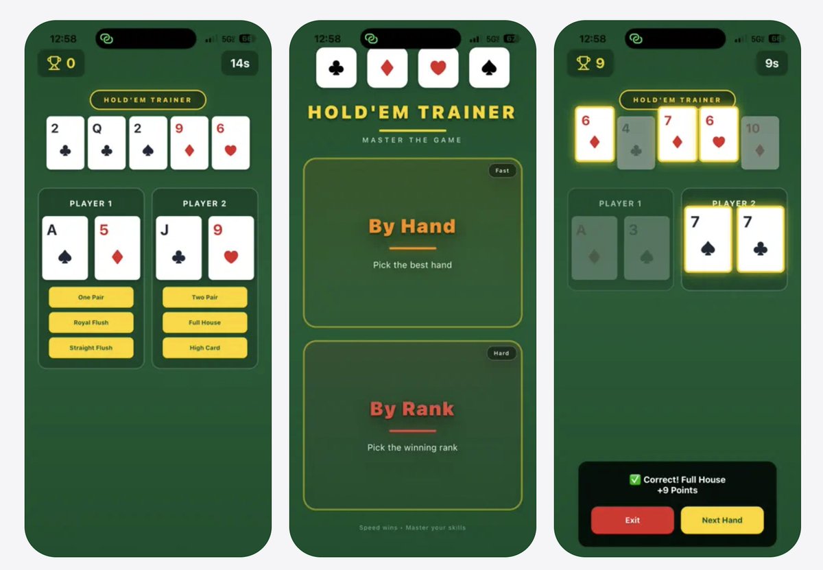 OvalApp's tweet photo. Saturday drill 🃏

10 seconds to spot the best hand. Sounds easy until the board gets ugly.

Harder mode: no cards — just name the winning rank from the board alone. Wild how fast it sharpens your reads.

Free on iOS:
https://t.co/O3d1tcdgHI https://t.co/z85goascvo