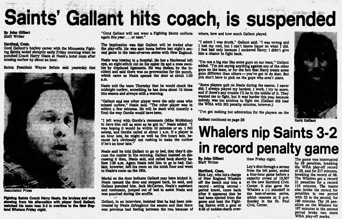 WHENESOTA's tweet photo. #OTD in #Minnesota Sports History (1975) Fighting Saint Gord Gallant assaulted coach Harry Neale at the team hotel. Neale ended up with a black eye, displaced ligaments in his nose, and 8 stitches to his lip.
#ASlapShotInTime #MnWild #NHL  https://t.co/GM7VldgRyx https://t.co/39f0ugzSPr