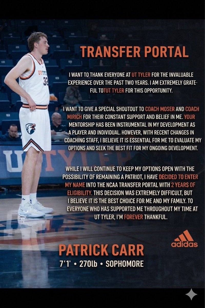 PatrickCarr95's tweet photo. Due to the recent coaching changes, after careful consideration I have decided to enter the transfer Portal https://t.co/hg2xMnmdT2