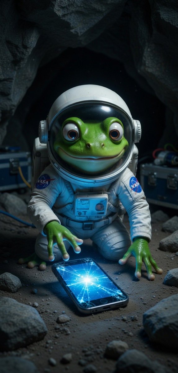 BLORPCOIN1's tweet photo. BLORP didn’t move for a full thirty seconds.
He just sat there, eyes scanning the cave slowly, methodically, the way you look around a dark parking lot when something feels wrong but you can’t name why yet.
Everything looked the same at first. His sleeping pack. His equipment cases. His food rations stacked neatly against the far wall.
Then he saw it.
Sitting in the center of the cave floor, placed with a deliberateness that made his skin crawl, was a single object.
A phone.
Not his phone — his was in his hand. This one was older. Scratched and dusty and clearly not from any manufacturer he recognized. The screen was cracked down the middle but glowing faintly with a pale blue light that had no business working in the cold of a moon cave.
BLORP knelt down slowly and picked it up.