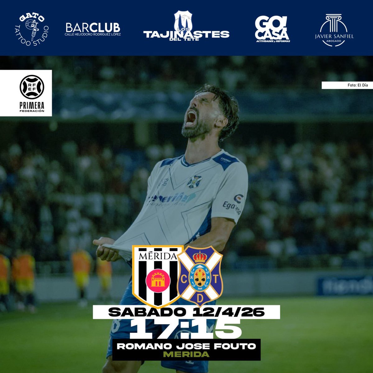 TajinastesDelTT's tweet photo. @Primera_RFEF | #VersusElearning 

⚪️⚫️ @Merida_AD - @CDTOficial ⚪️🔵
🗓️ Domingo 12 Abril
🕠 17:30H🇮🇨 
🏟️ Estadio Romano José Fouto

#LaBregaNosUne #CDTenerife #MeridaTenerife #PrimeraRef https://t.co/uIrK1m1G9j