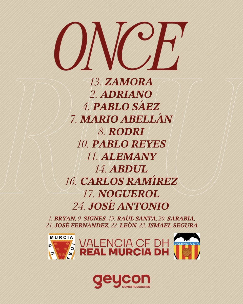 J27 | JUVENIL DH REAL MURCIA | 
📋 𝗢𝗡𝗖𝗘 𝗜𝗡𝗜𝗖𝗜𝗔𝗟
🆚 <a href="/Academia_VCF/">Academia VCF 🦇</a> 
#ValenciaRealMurcia