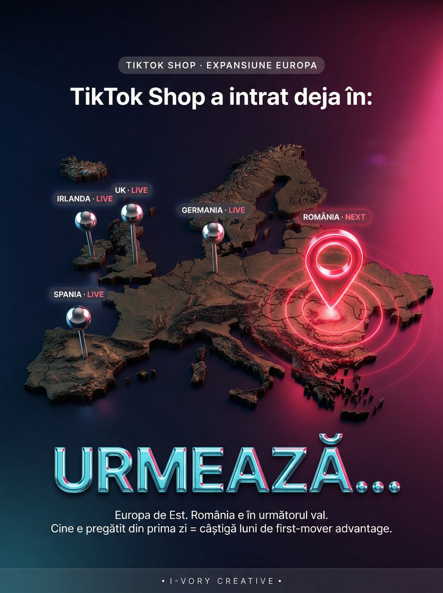 ivorycreative1's tweet photo. TikTok Shop vine în România în 2026.  a făcut. 15.8 miliarde $ în SUA în 2025. +108% YoY.  
Cine e pregătit = câștigă lunile de first-mover. Swipe pentru cifrele reale și cum te pregătim acum. 
Salvează.

#tiktokshop #tiktokromania #ecommerce #firstmover #socialcommerce https://t.co/CAjwSYuYRl