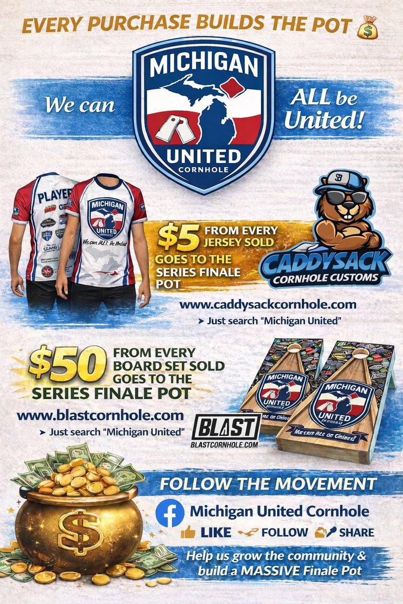 IMakeGreatShots's tweet image. 💰 💴 
Custom Michigan United jerseys and Boards available! 
Caddysack Cornhole Customs and Blast Cornhole are giving money back into the pot for every order. 
Get your swag and make the end of the season pot even BIGGER!
#united #cornhole #MichiganUnited