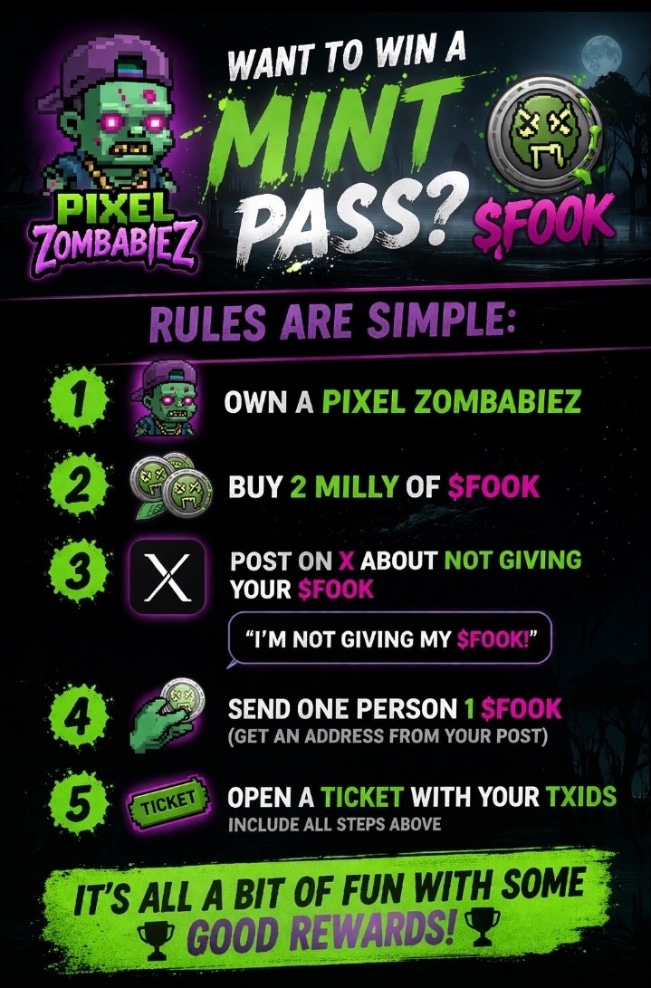 DefiDave2k24's tweet photo. #Zombabiez #Pixel #Holders $FOOK!! @ZombabieZ_nft Just play the rules and mint a pass! https://t.co/XKo7v1rlOc
