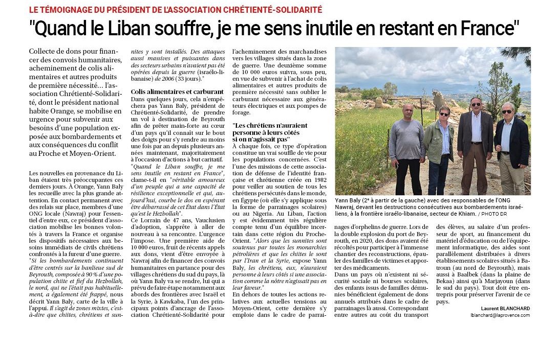 🚨 <a href="/laprovence/">La Provence</a>  parle de l'action de Chrétienté-Solidarité au #Liban
Dans un dossier du samedi 11 avril, le quotidien consacre un article aux initiatives de <a href="/ChretienteS/">ChrétientéSolidarité</a>  en soutien aux chrétiens libanais.
Nous poursuivons notre effort.
✅Pour nous aider : chretientesolidarite.fr/don-libre/