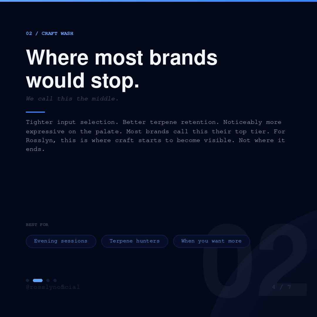 Rosslyn_rosin's tweet photo. Most rosin brands have one tier. They call it premium. You call it a guess.

We built four tiers so you always know exactly what you are reaching for before you open the jar.

Select Wash is your everyday standard. Clean inputs, consistent quality, reliable effect. Not entry-level, but the right level for the right session.

Craft Wash is where most brands would stop and call it their top tier. We call it the middle. Tighter inputs, better terpene retention, more expressive on the palate.

Reserve Wash is small-batch, single-cultivar, sourced from growers we have worked with long enough to know what they are capable of. Open this one when the moment matters.

Ultra Reserve is the ceiling. Best inputs, lowest yield, most complex expression. Not produced to meet demand, but produced when the inputs earn it. Limited every time.

Not sure which tier is right for your next session? 

Drop a comment or DM us. We will tell you straight. No upsell, just the right call.
Link in bio to shop all four.

#solventless #thca #knowyourflow #hash #hashlife