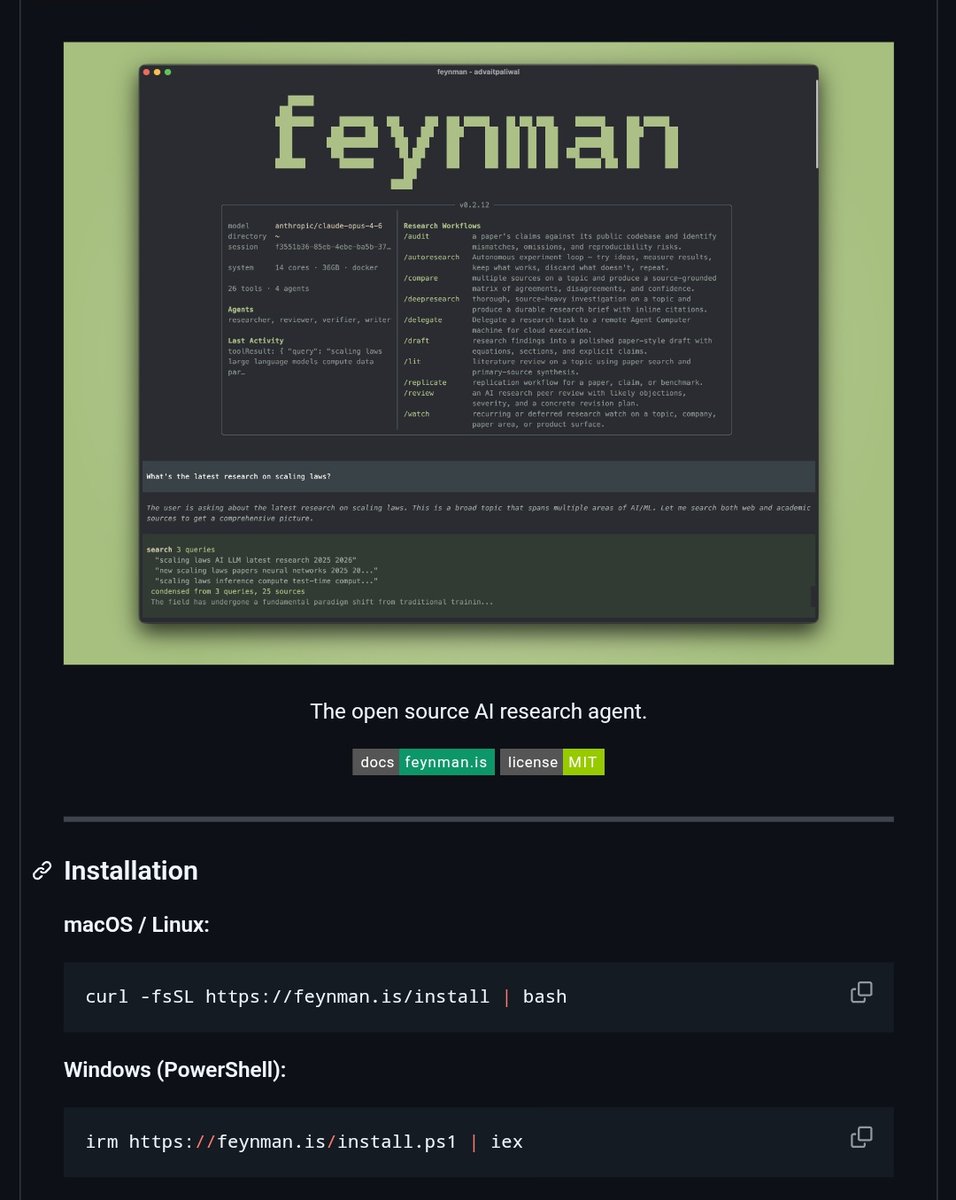 _vmlops's tweet image. RESEARCHERS SPEND HOURS HUNTING PAPERS, CROSS-REFERENCING CLAIMS, AND VERIFYING SOURCES. FEYNMAN DOES ALL OF IT IN ONE COMMAND

type a topic. get a fully cited research brief with sources, consensus, disagreements, and open questions  in seconds

need to verify if a paper's