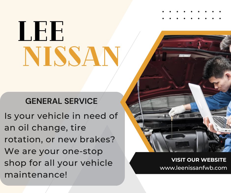 Is your vehicle in need of an oil change, tire rotation, or new brakes? We are your one-stop shop for all your vehicle maintenance! --> leenissanfwb.com/service/schedu…