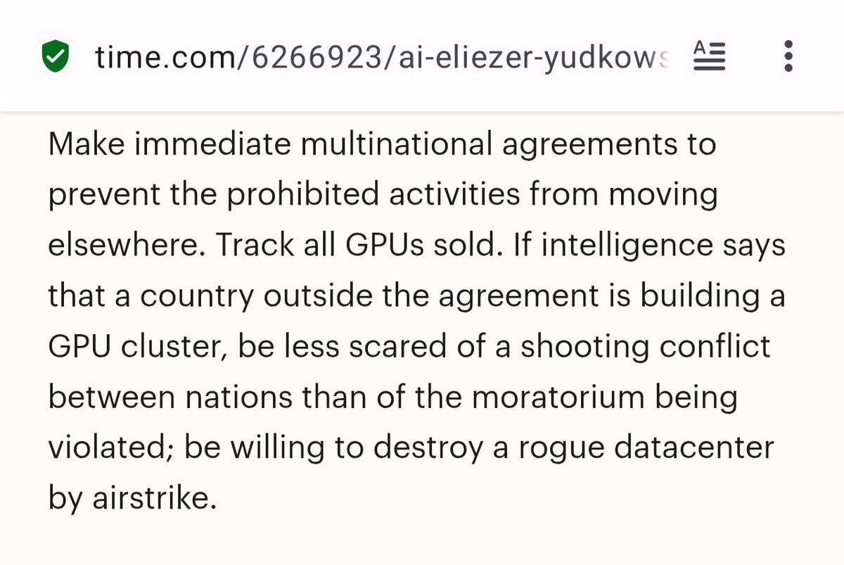 RedTailTabby's tweet photo. @micsolana @deanwball Yudkowsky was talking about a situation involving a multinational agreement (presumably among the great powers) that is ignored by a rogue nation. https://t.co/mjvyj6y4Hp