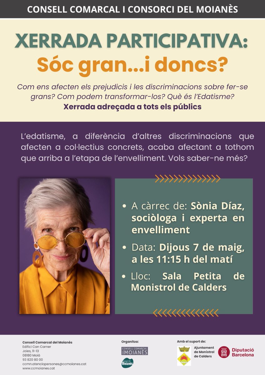 ViuMonistrol's tweet photo. El dijous 7 de maig a les 11:15 hores del matí es farà una xerrada participativa amb el títol: "Sóc gran...i doncs?". A la Sala petita a càrrec @Soniadiazc https://t.co/VPgAcClB2w