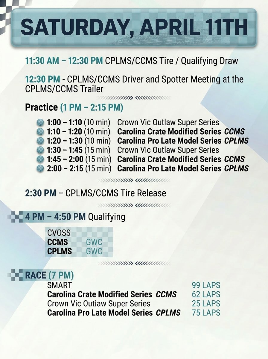 CCMS__CPLMS's tweet photo. Here is today’s CPLMS/CCMS schedule. More detailed information will be posted on the board at the CPLMS/CCMS trailer. If you have not registered yet, please make sure to register online.

We appreciate everyone being here and look forward to a great day of racing. https://t.co/Brfh13hQVN