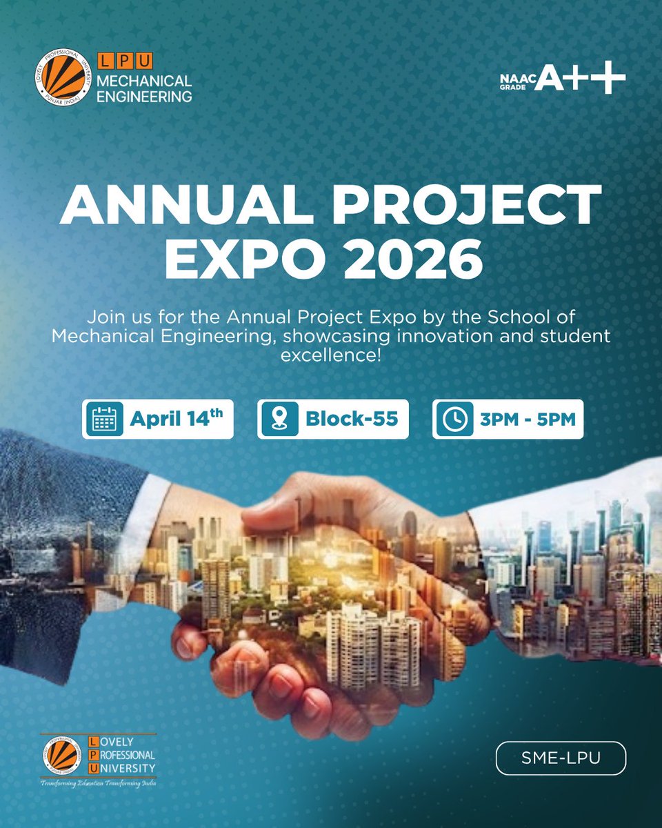 The School of Mechanical Engineering invites you to an exciting Project Expo showcasing innovation, creativity, and engineering excellence.

📅 Date: 14th April
⏰ Time: 3:00 PM – 5:00 PM

Our students will present a diverse range of projects spanning Mechanical, Mechatronics,