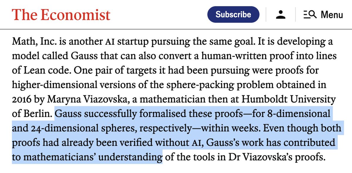mathematics_inc's tweet image. The Economist, on Math Inc's landmark formalization of Viazovska's Fields Medal proof of Sphere Packing, completing the final result in record time: