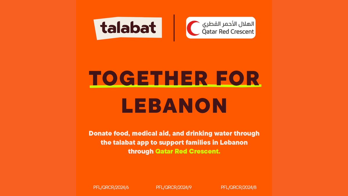 qatarliving's tweet image. talabat introduces in-app donations in partnership with #QRCS, allowing users in Qatar to support food, water and medical aid efforts in #LebanonWar . Simply tap the #Donate icon on the app, select #Qatar Red Crescent Society and choose your contribution.

#talabatqatar #lebanon
