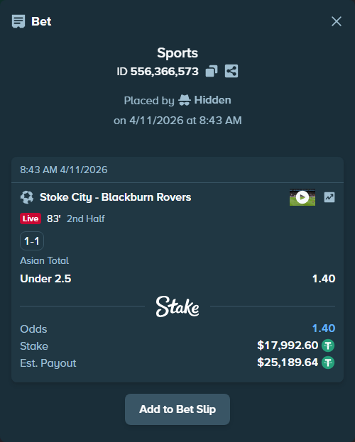stakesportwhale's tweet image. 🚨 HIGH ROLLER ALERT!

🎯 Stoke City - Blackburn Rovers
🎲 Asian Total: Under 2.5
📊 Odds: 1.40
💰 $17,992.60 → $25,189.64

🔗 stake.com/sports/home?ii…

💎 $100K+ alerts only HERE: t.me/stakesportwhal…

#Stake #GamblingTwitter