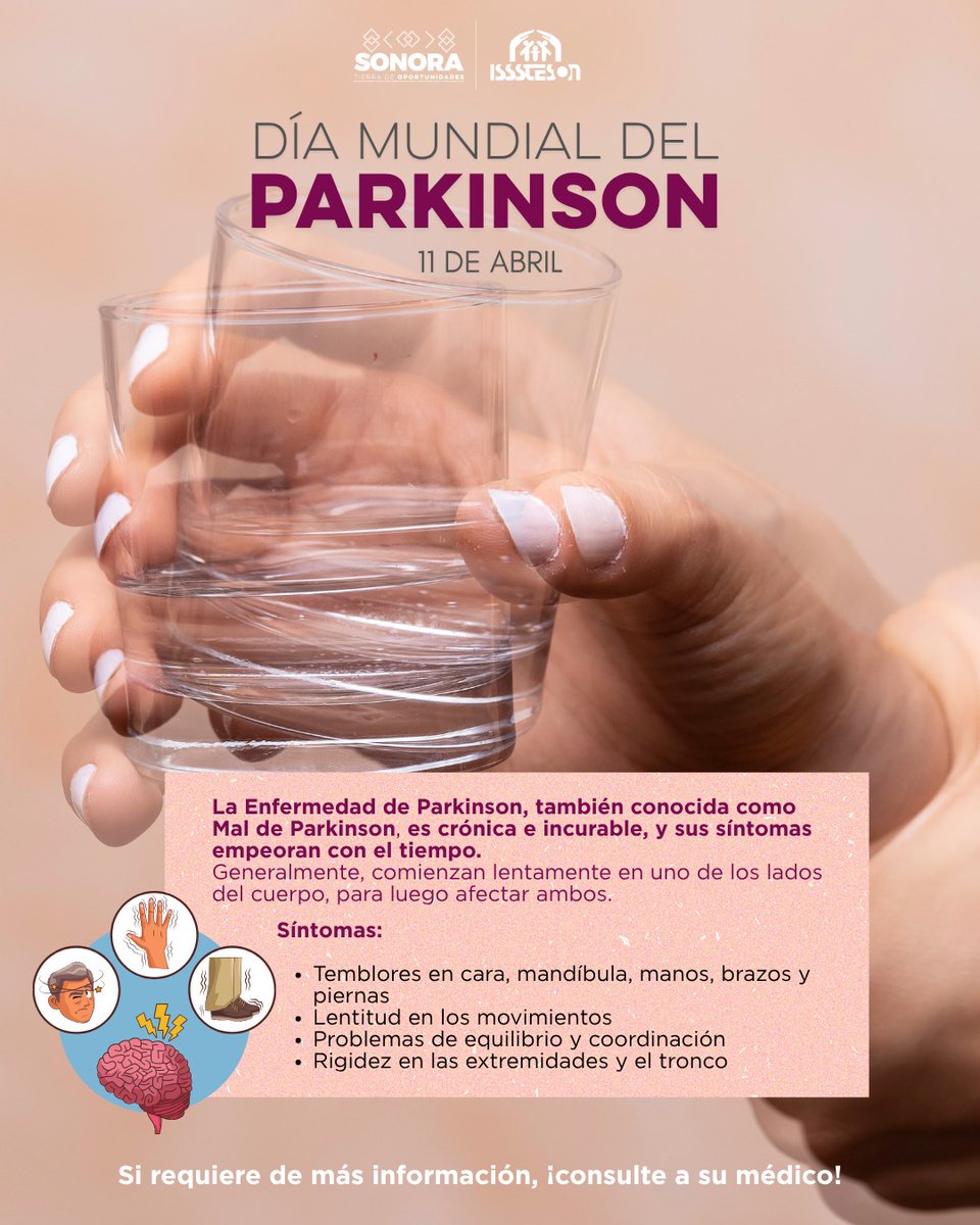 IssstesonGob's tweet photo. 11 de abril
Día Mundial del Parkinson

ℹ️ La conmemoración del Día Mundial del Parkinson tiene como objetivo generar conciencia e informar sobre esta enfermedad neurodegenerativa 🧠 que afecta a millones en el Mundo.
Si tienes dudas, ¡Acércate al personal de #ISSSTESON ✅! https://t.co/eN3nPtuhRp