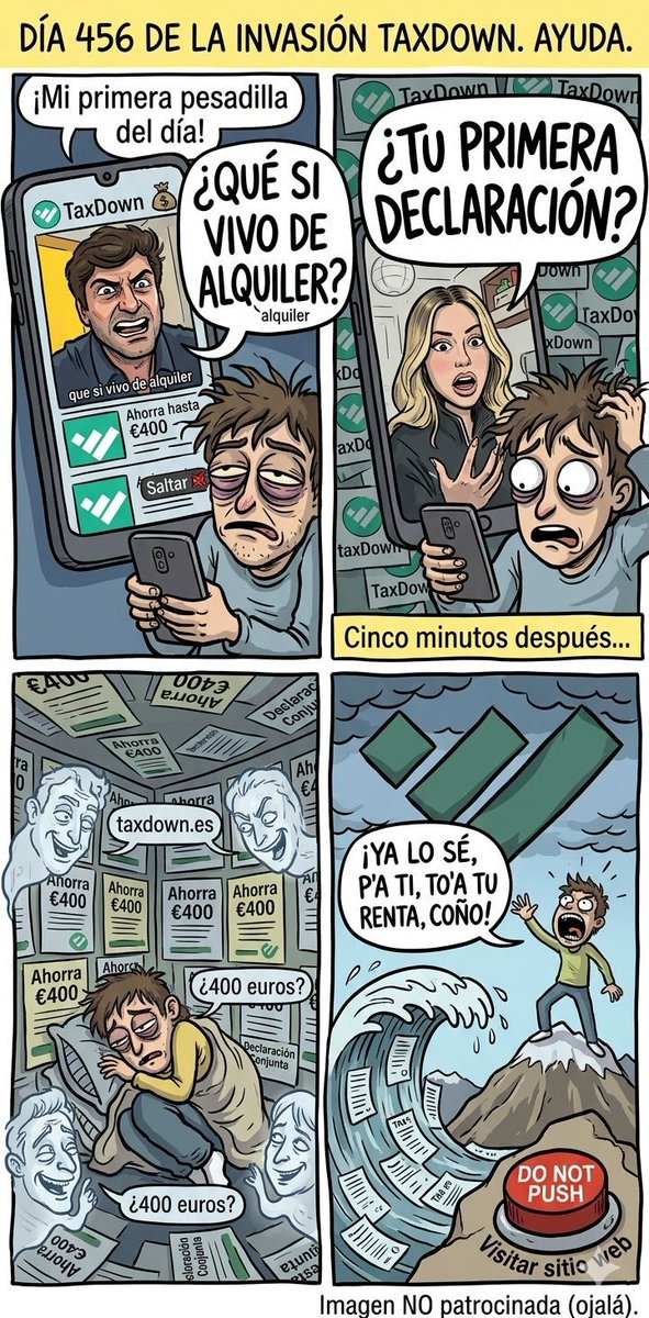 IngresosHormiga's tweet photo. De 10 anuncios que os aparecen en Youtube estos días, ¿cuántos son de TaxDown?
No es odio, es trauma publicitario acumulado.
#Renta2025 #Broma #NoHate https://t.co/sa3uHjJ23x