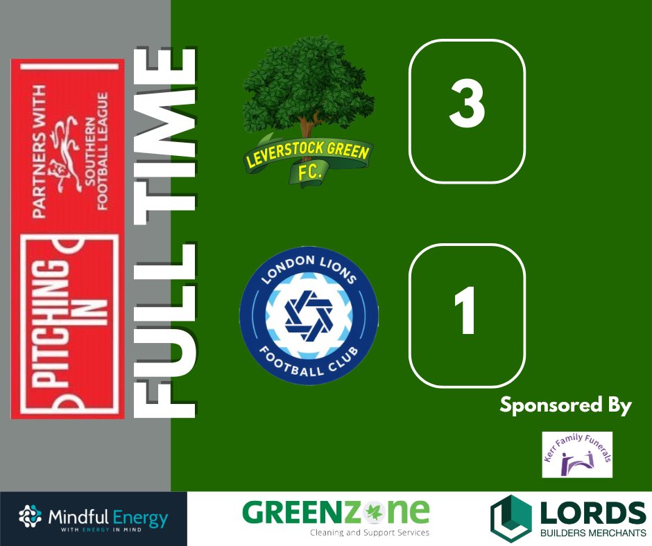 🌳 | FULL TIMEEEE

3⃣ points 🆚 <a href="/LondonLions_/">London Lions F.C.</a> as we get our 5th win in a row in the <a href="/SouthernLeague1/">The Pitching In Southern Football League</a> 
Goals from Joe, Carmicheal and Iker
#UpTheLevy