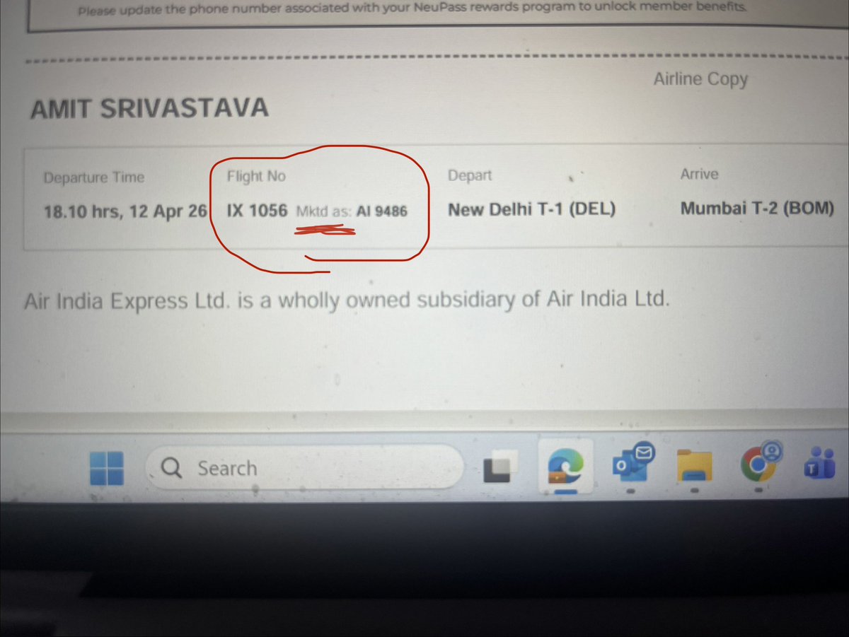 AmitAnsys's tweet photo. I booked a flight starting with code AI assuming it to be Air India flight but during web checkin, found it to be Air India Express. Snapshot from boarding pass shows that IX** flights are marketed as AI***. Why creating confusion? ⁦@RamMNK⁩ @airindia @MoCA_GoI https://t.co/Gw40oQn79L