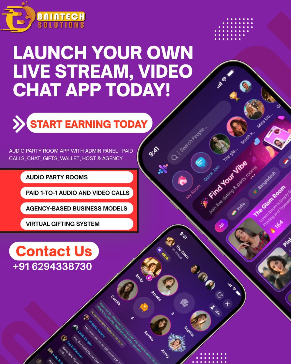 baintech27's tweet photo. Launch Your Own Live Streaming App Today | Like Chamet, Tango &amp; MICO!
✨ Live video streaming
💬 Real-time video chat
🎁 Virtual gifting system
💰 Monetization ready
#LiveStreaming #VideoChatApp #AppDevelopment #StartupBusiness #OTTAppDevelopment

CALL:- 6294338730 https://t.co/mxZa5OS5VU