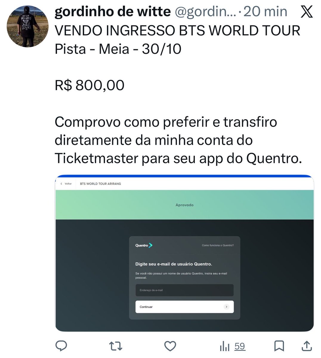 jikookdevil's tweet photo. Mais um querendo aplicar golpe!!! Ele diz que vai comprar o ingresso e na finalização pós pagamento pede a conta do seu Quentro dizendo que vai enviar e depois te bloqueio 

RT E DIVULGUEM PRA NINGUÉM MAIS CAIR ⚠️

#golpe #ingresso #bts #show 

📎: https://t.co/PcHlDkZPLa https://t.co/CsD22WaHG4